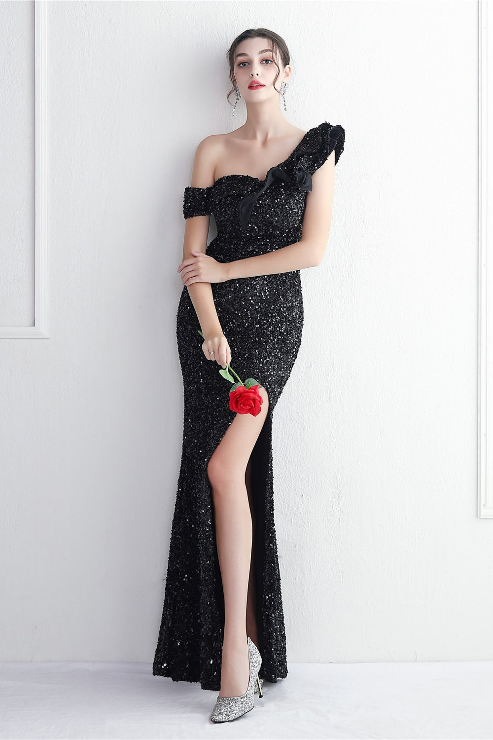 Sequin One Shoulder Ruffle High Split Mermaid Gown