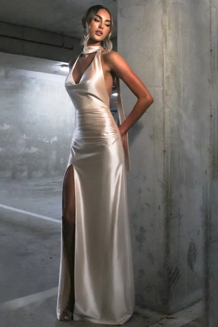 Backless High Waist Satin Dress - View 3