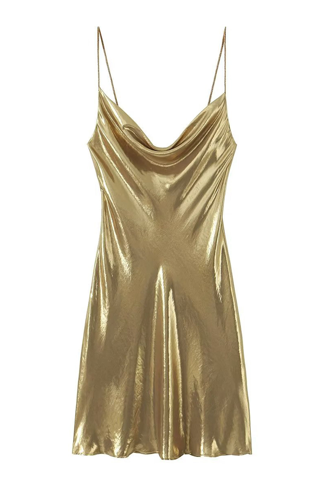 Metallic Cowl Neck Spaghetti Strap Slip Mini Dress - View 2