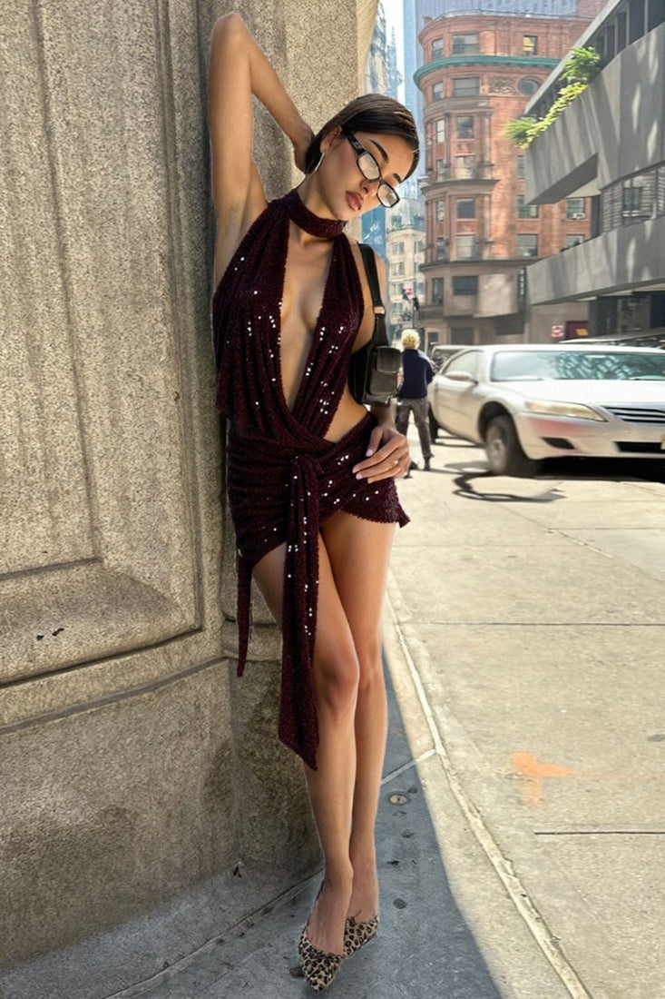 Sequin Halter Neck Deep V-Neck Backless Draped Bodycon Mini Dress - View 5