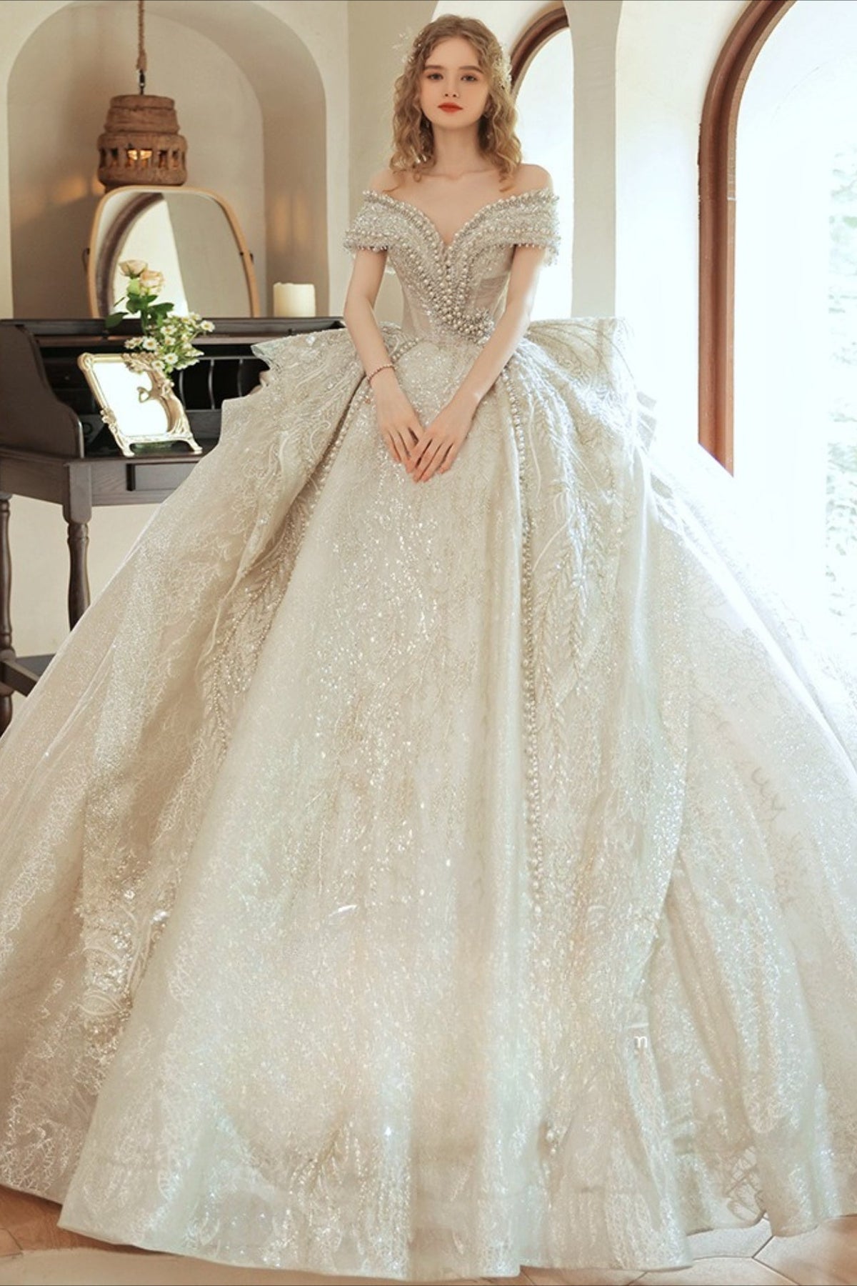 Lace Off Shoulder Sweetheart Pearl Beaded Structured Ball Gown