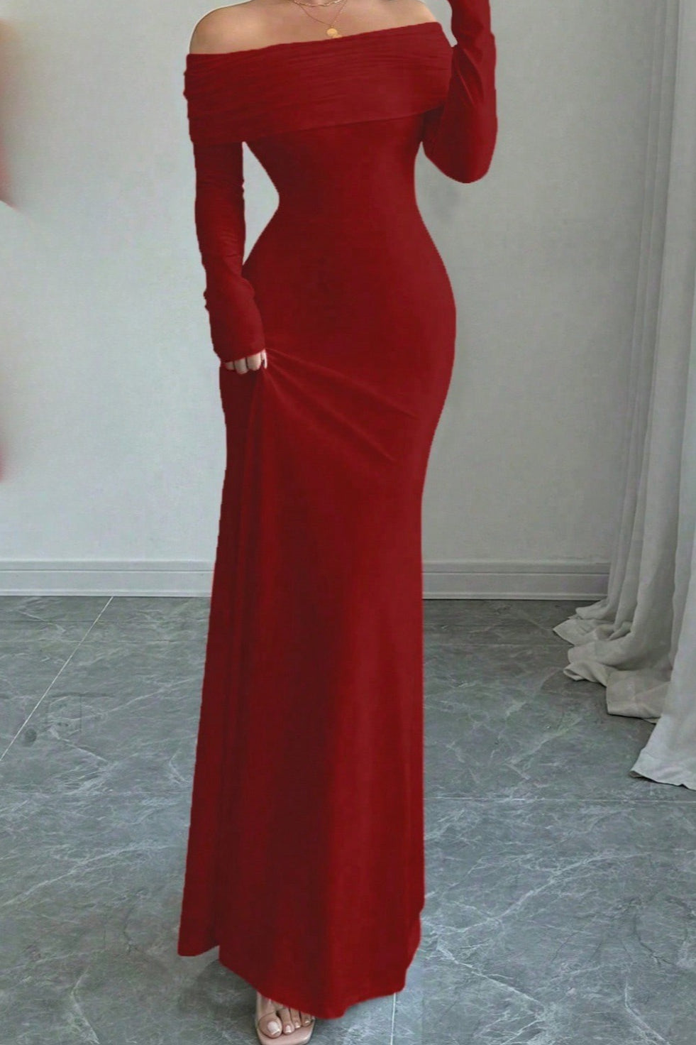 Off Shoulder Long Sleeve Ruched Mermaid Maxi Dress - View 10