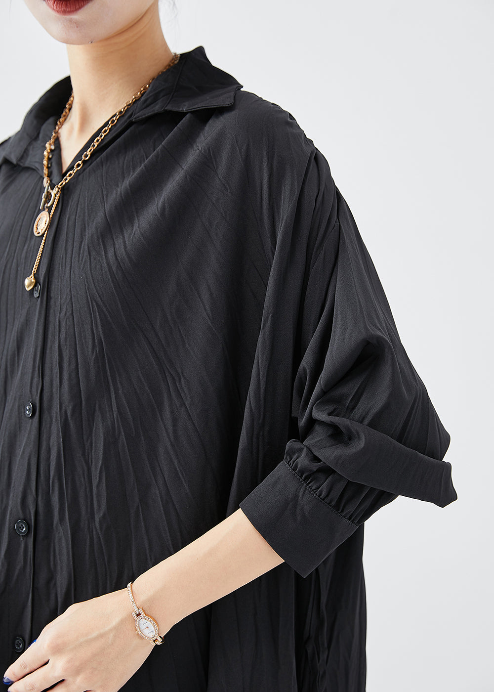Crinkle Texture Collar Button Down Long Sleeve Shirt Dress - View 5