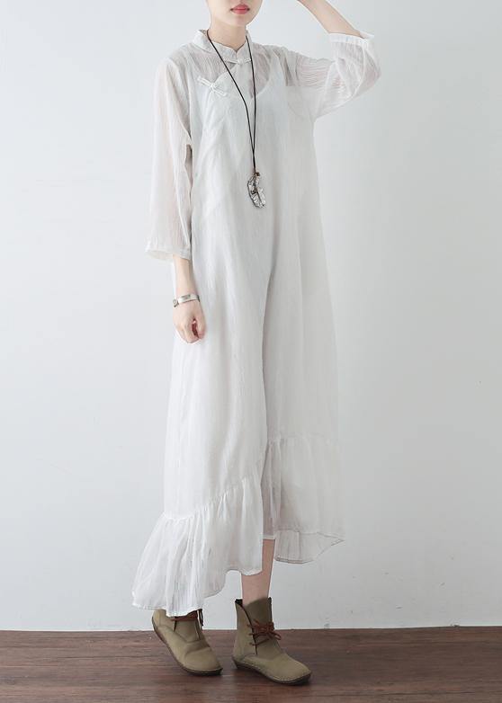 Mandarin Collar Frog Button Tiered Ruffle Gauze Maxi Dress - View 3