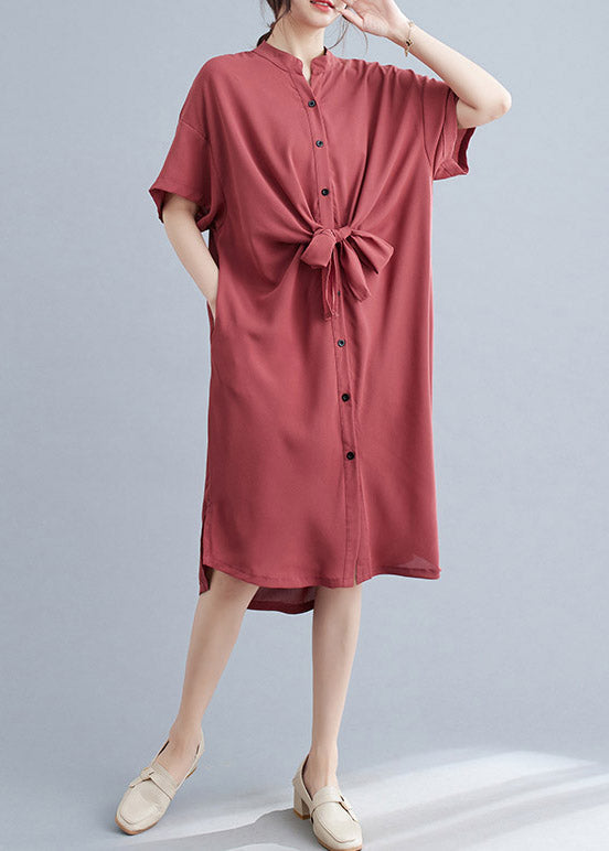 Button Down Mandarin Collar Tie Belt Short Sleeve Midi Shirt Dress - View 2
