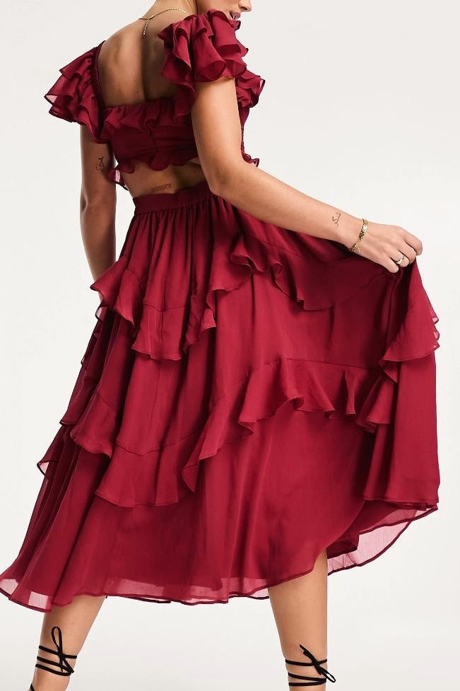 Chiffon Off Shoulder Corset Tiered Ruffle Midi Prom Dress - View 2