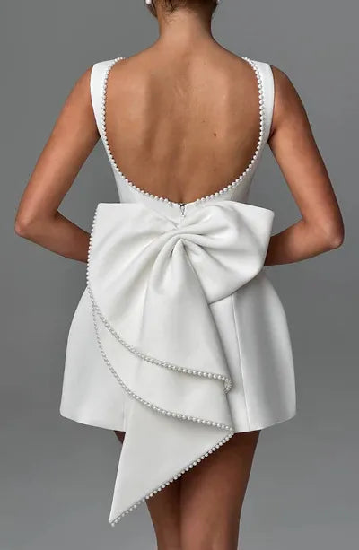 Pearl Trim Boat Neck Pleated Pocket Bow Back A-Line Mini Dress - View 6