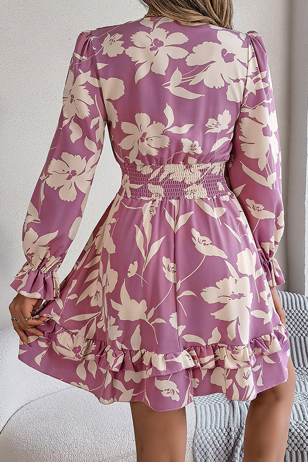 Floral Print V-Neck Tie Front Long Sleeve Ruffle Hem Mini Dress - View 8