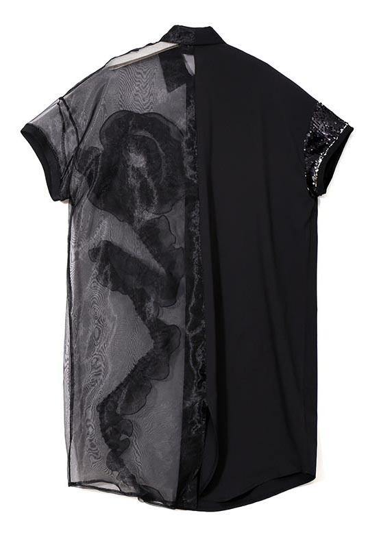 Bird Embroidery Mesh Ruffle Asymmetric Button Front Shirt Midi Dress - View 4