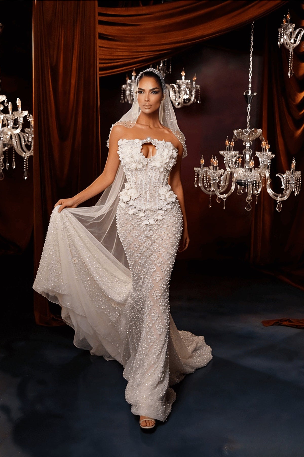 Strapless Keyhole 3D Floral Pearl Beaded Mermaid Bridal Gown 3