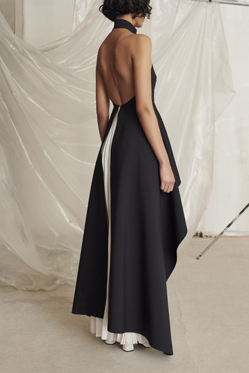 Halter Neck Sleeveless Asymmetric Draped Pleated Maxi Gown - View 3