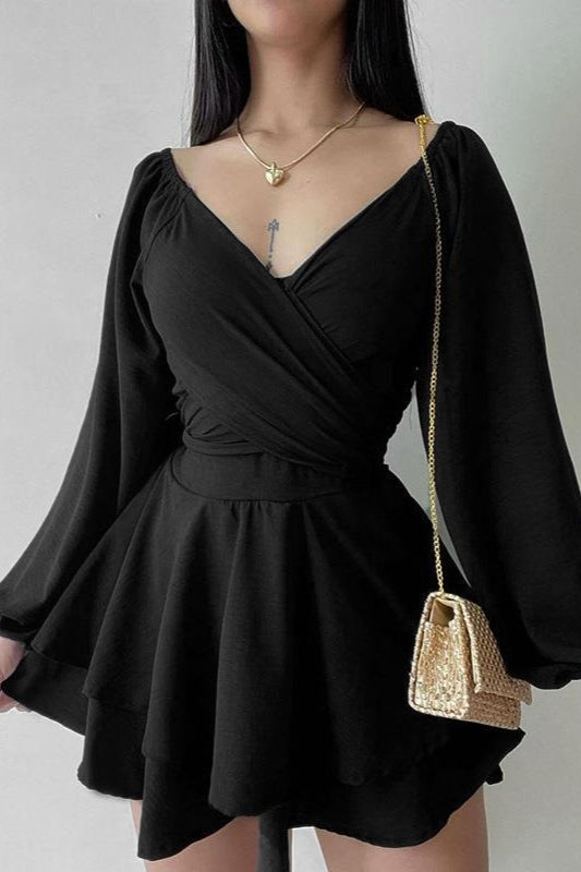 Deep V-Neck Wrap Ruched Balloon Sleeve Tiered Mini Cocktail Dress