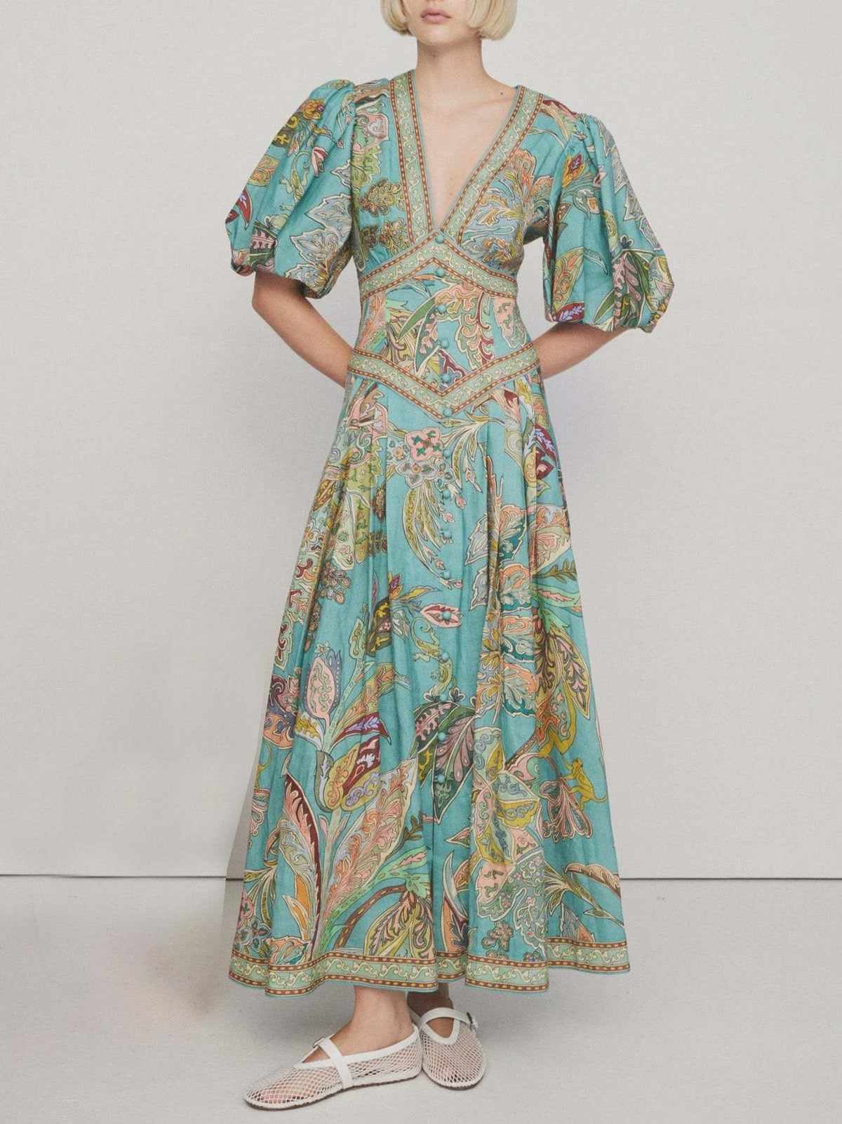 Satin Floral Print Puff Sleeve Midi Dress