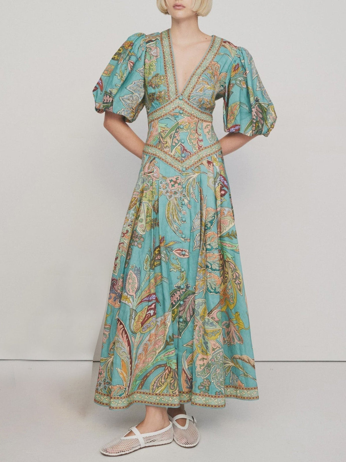 Satin Floral Print Puff Sleeve Midi Dress - View 5