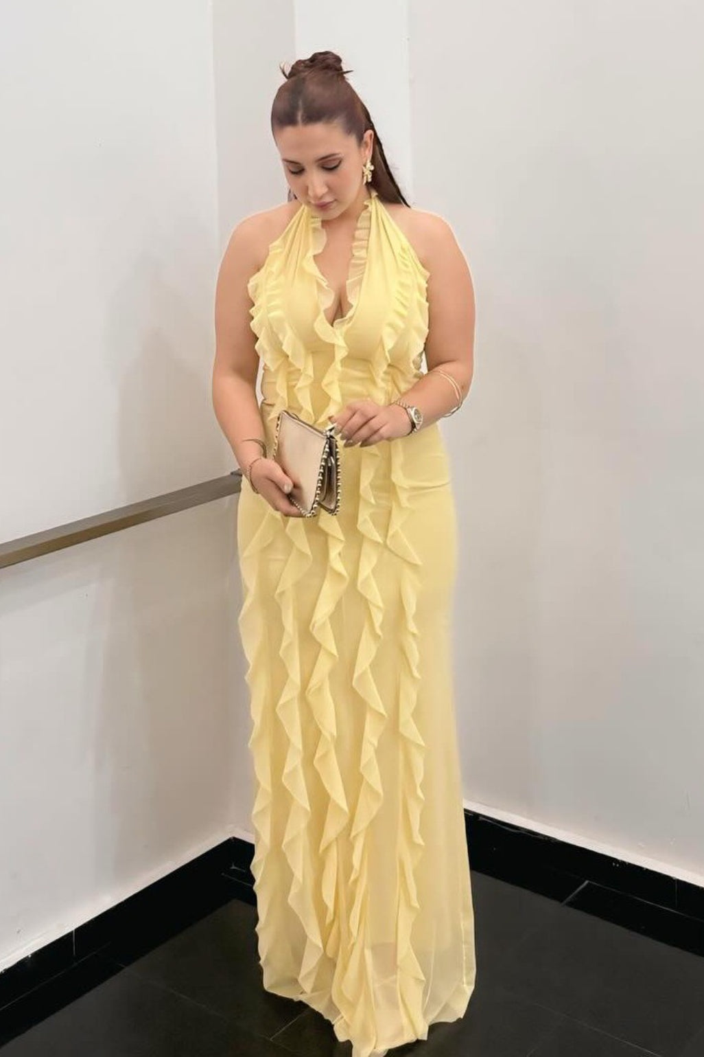 Chiffon Halter Deep V-Neck Ruffle Trim Backless Slip Maxi Dress - View 6