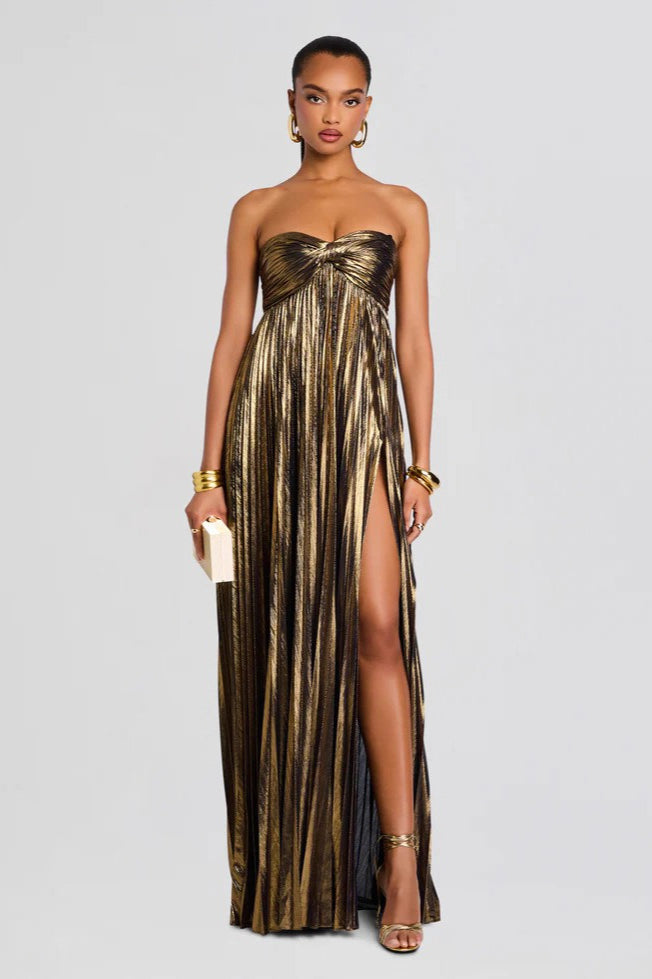 Pleated Strapless Sweetheart Twist Front High Split Maxi Gown