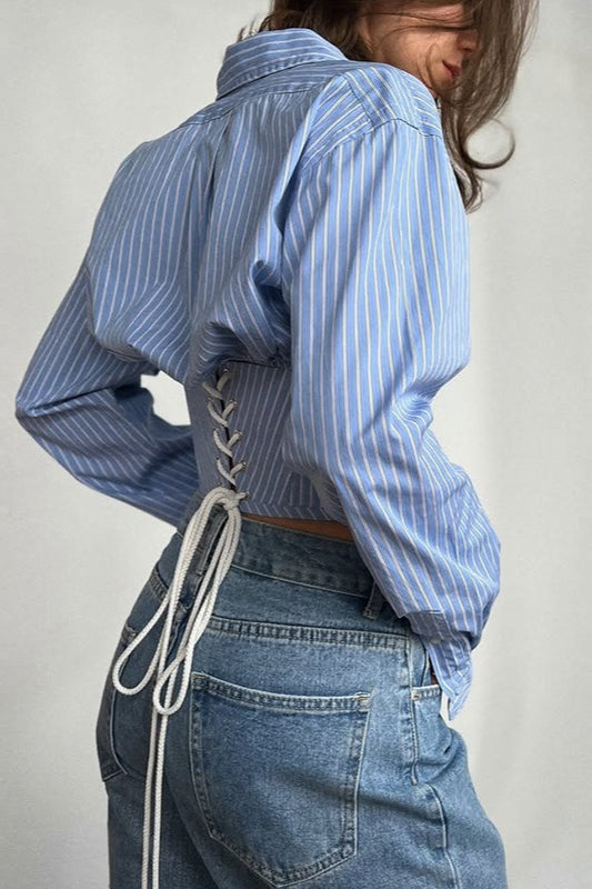 Striped Waist Tie Blouse