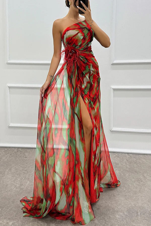 Renee Off Shoulder Watercolor Feather Maxi Dress - View 2