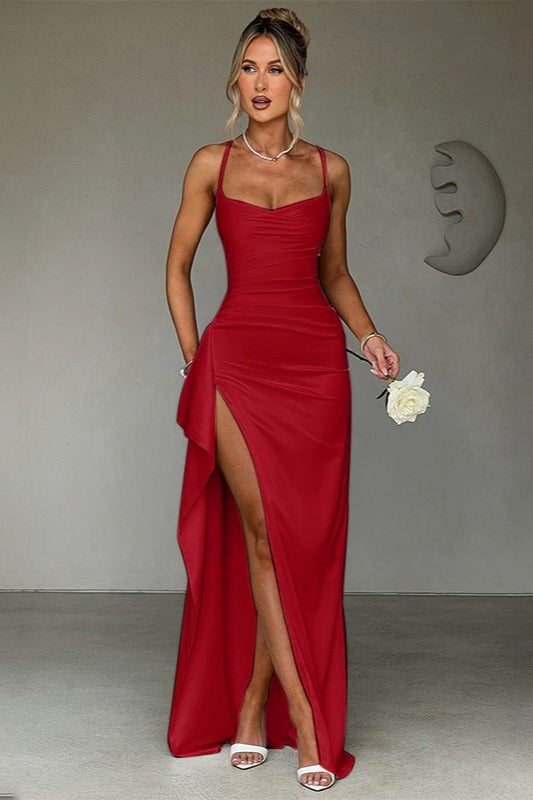 Satin Cowl Neck Spaghetti Strap Ruched High Split Maxi Dress - View 10