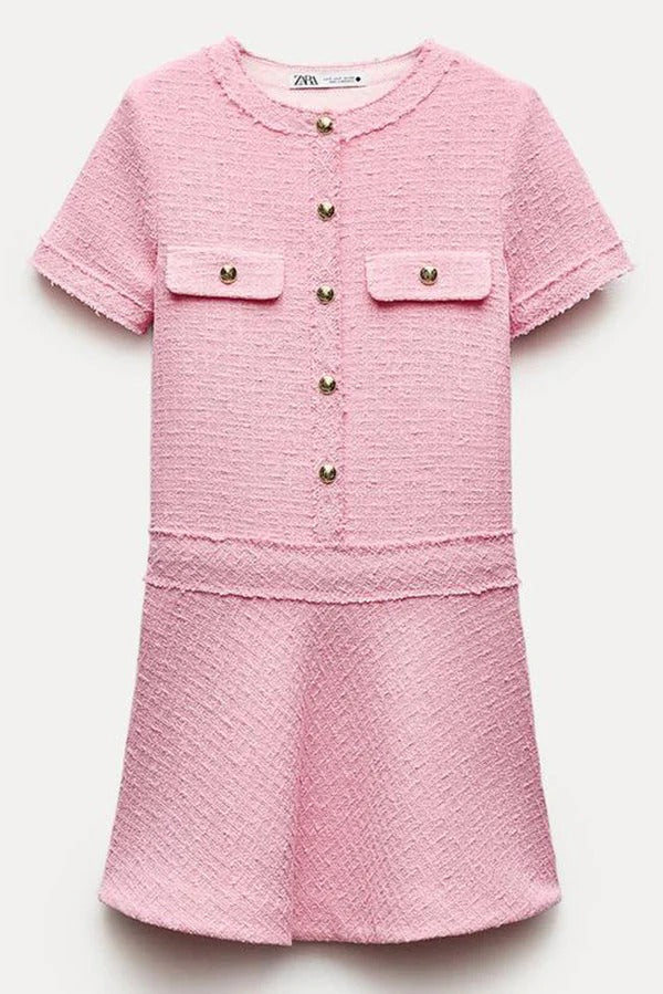 Textured Boucle Gold Button Short Sleeve A-Line Mini Dress - View 13