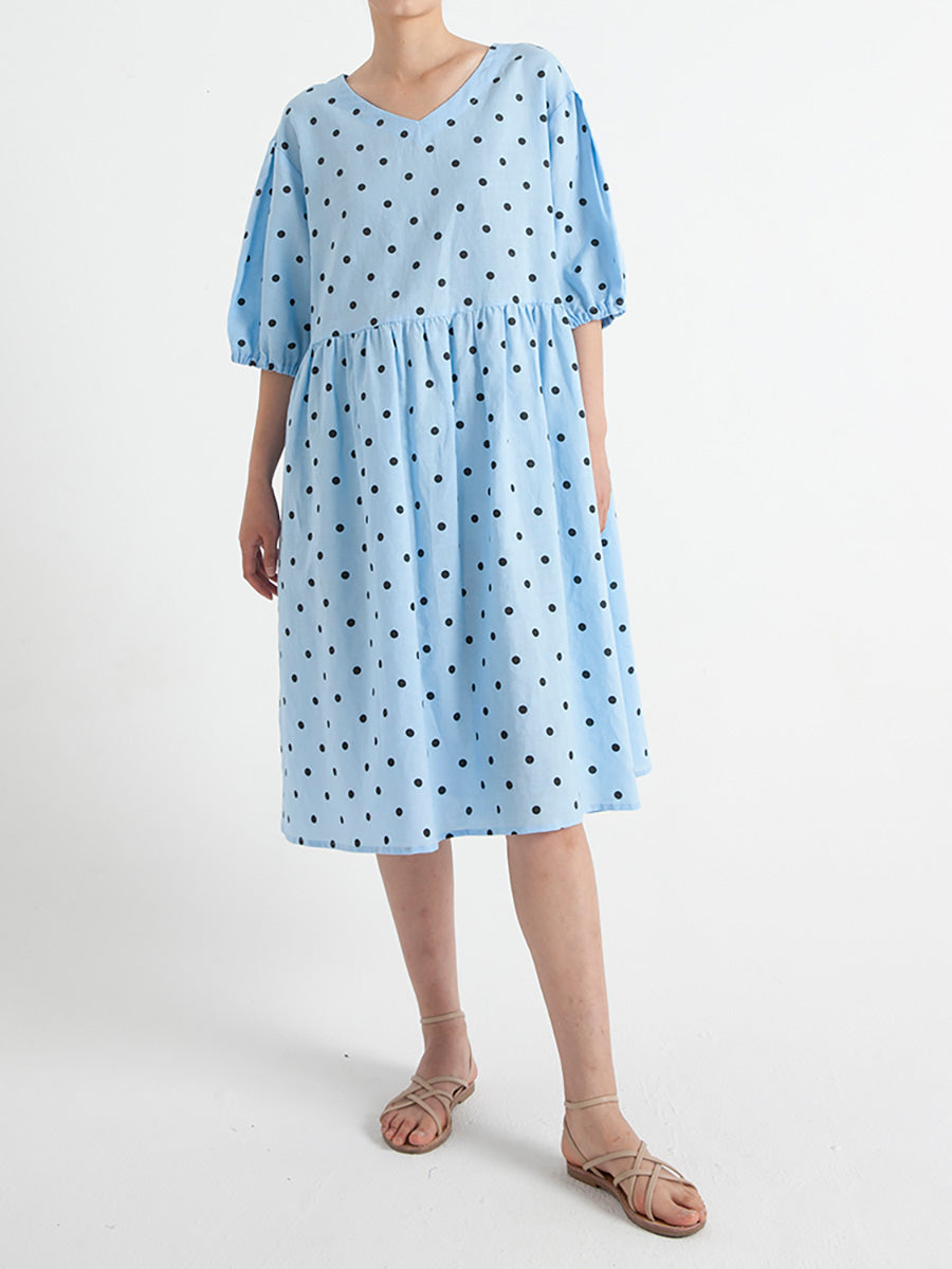 Polka Dot V-Neck Puff Sleeve Empire Waist Midi Dress - View 5