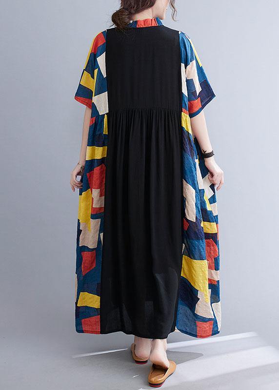 Colorblock Patchwork Ruffle Collar Button Front Maxi Dress - View 4