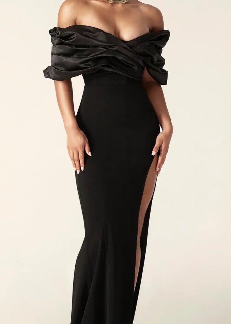 Satin Off Shoulder Sweetheart Ruffle Bodice Column Maxi Gown - View 6