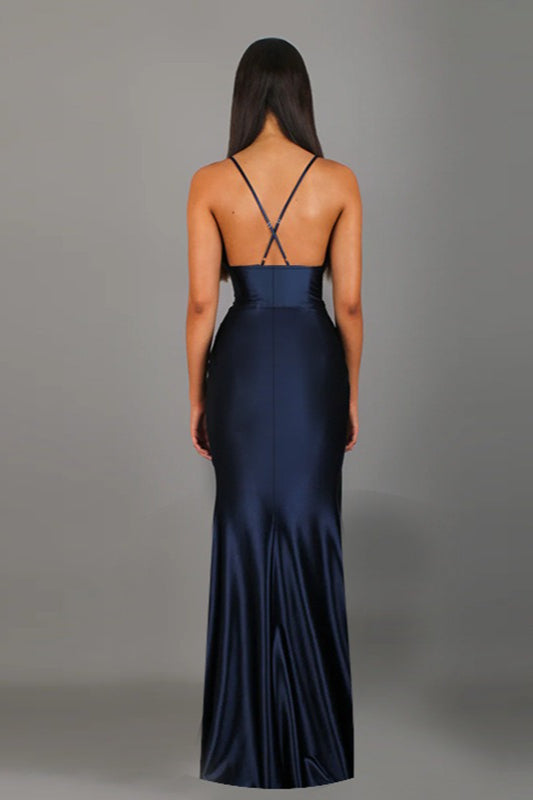Satin V-Neck Slit Party Dress - View 4