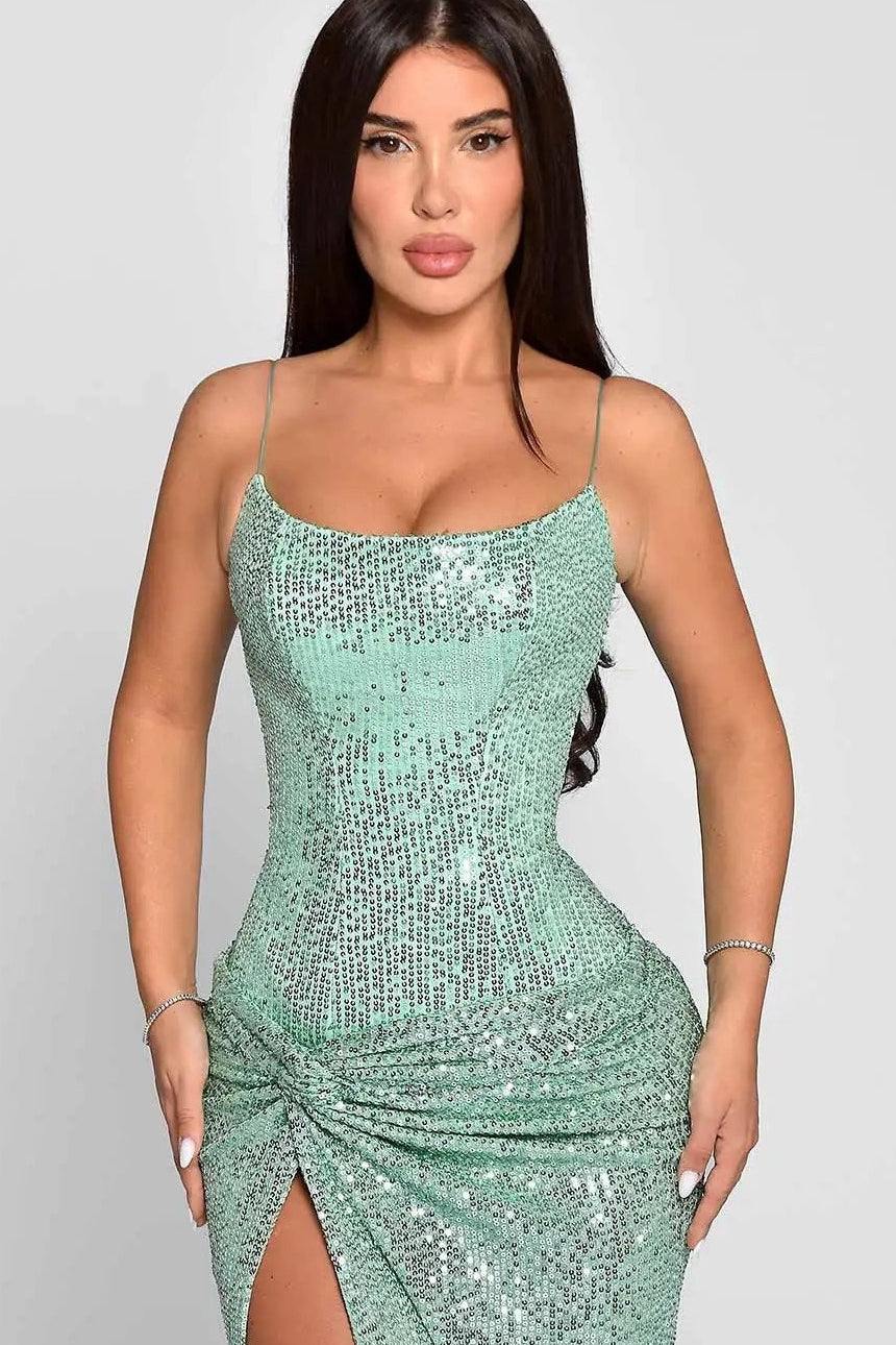 Spaghetti Strap Square Neck Sequin Ruched High Split Maxi Dress 3