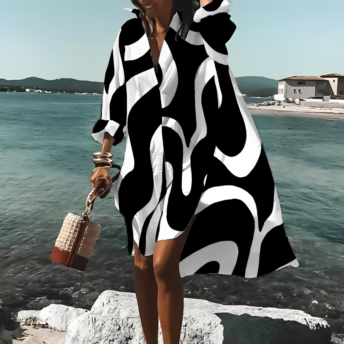 Oversized Lapel Collar Button Down Long Sleeve Shirt Mini Dress - View 2