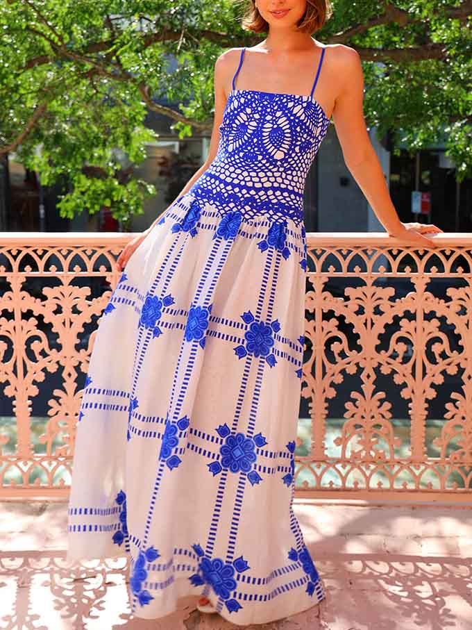 Floral Crochet Spaghetti Strap Square Neck A-Line Maxi Dress - View 2