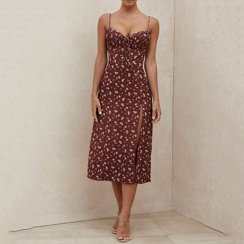 Floral Spaghetti Strap Sweetheart High Split Midi Summer Dress - View 2
