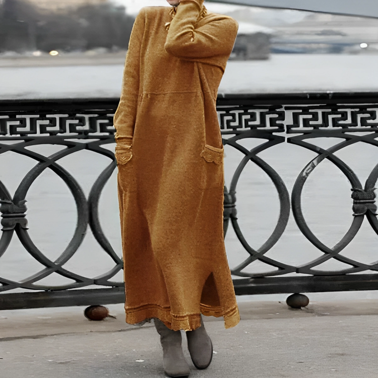 Knit Mock Neck Long Sleeve Scalloped Pocket Distressed Hem Maxi Dress - View 7