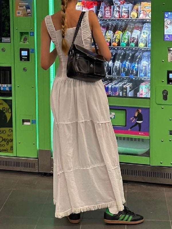 White French Pleated Layered Slim Midi Dress with Lace Up - View 2