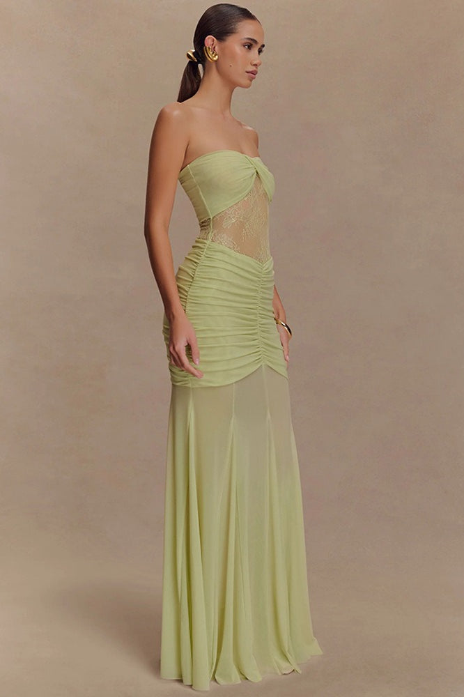 Strapless Twist Front Lace Corset Ruched Mermaid Maxi Dress 2