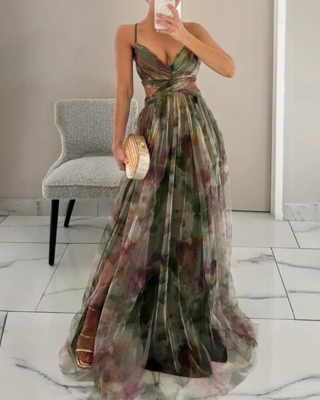 Floral Print Chiffon Deep V-Neck Ruched Waist A-Line Maxi Dress 5