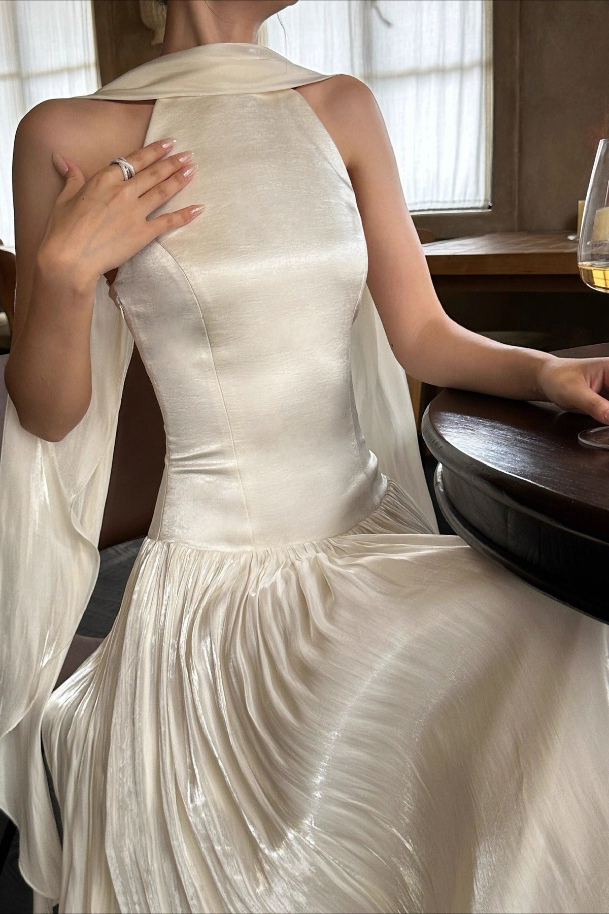 Satin High Neck Bow Pleated Maxi Dress - View 2