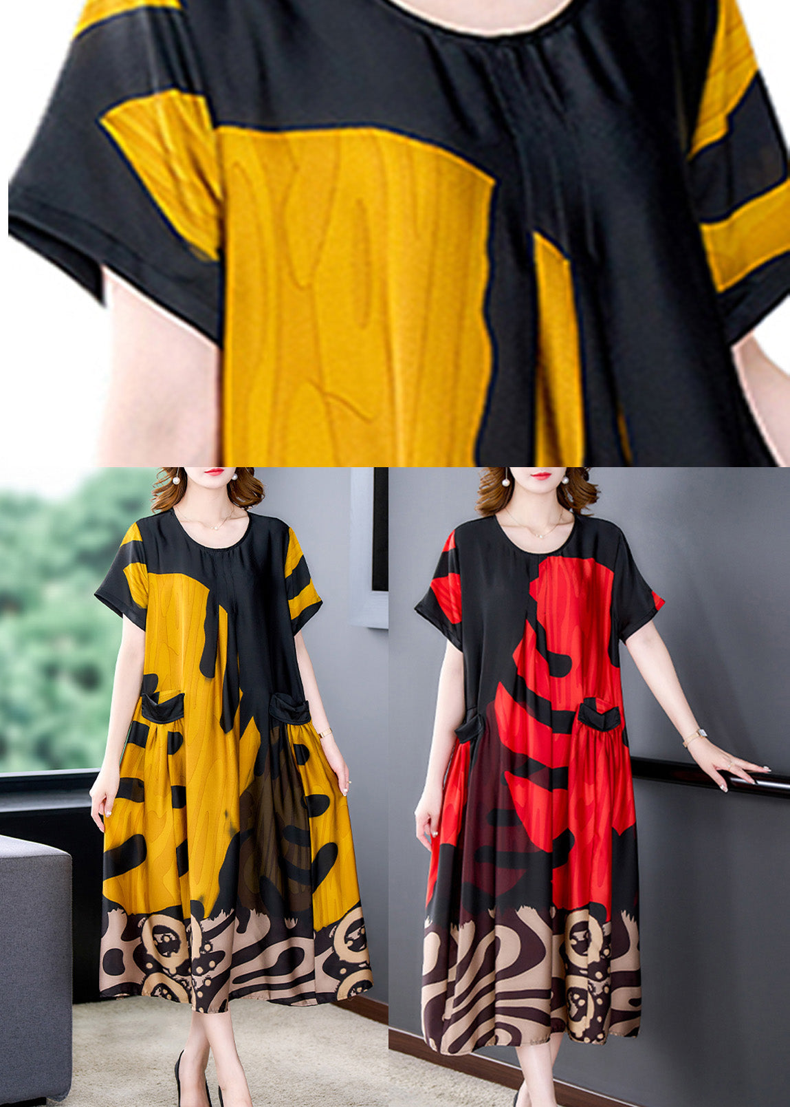 Abstract Graphic Print Round Neck Short Sleeve Pocket Midi Dress - View 5