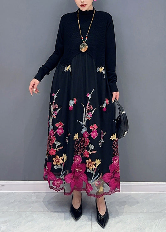Faux Two-Piece Mock Neck Long Sleeve Floral Maxi Dress - View 3