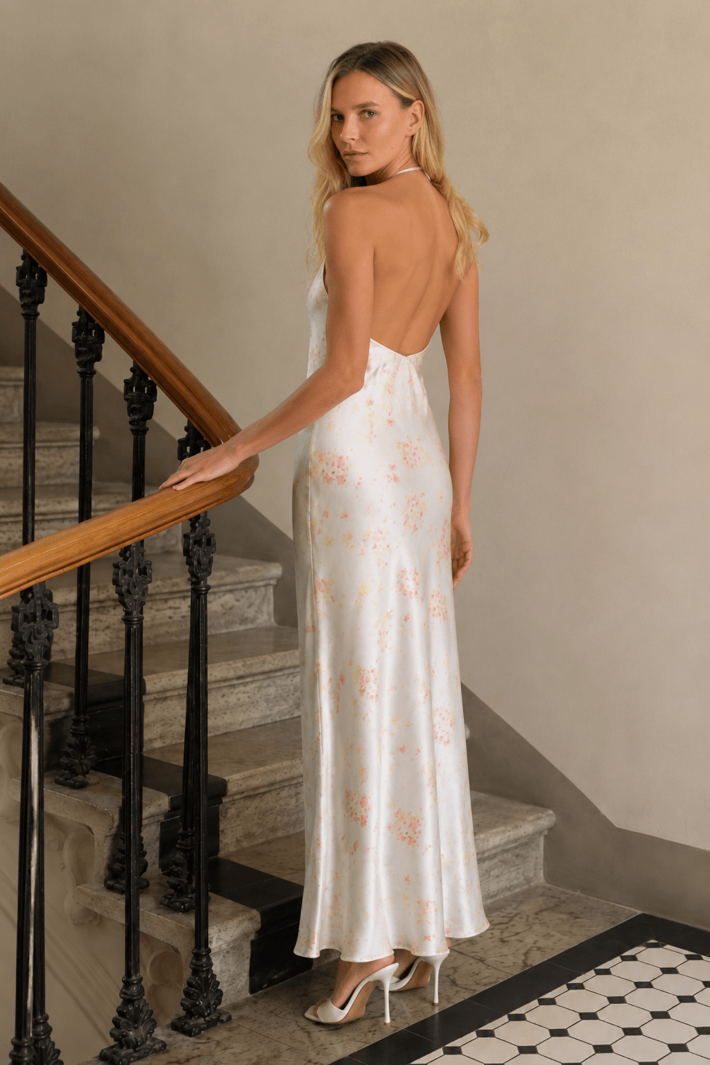 Backless Halter-Neck Satin Floral Dress