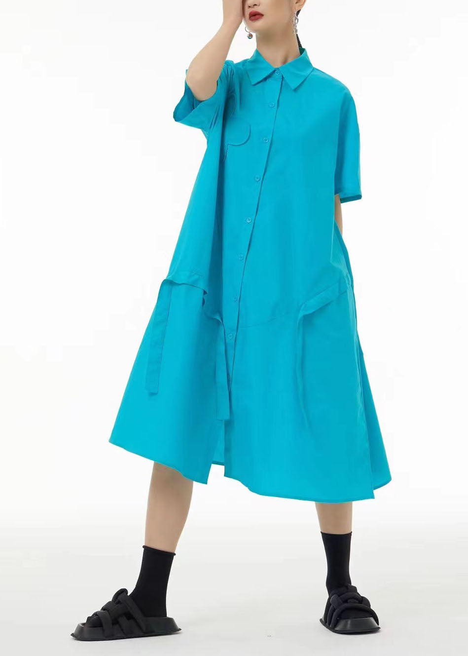 Button Down Short Sleeve Puffy Flower Appliqué Strap Midi Dress - View 2