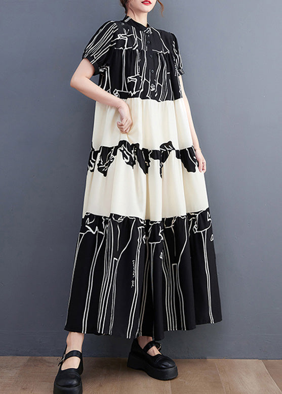 Graphic Print Tiered Mandarin Collar Short Sleeve Maxi Dress - View 2
