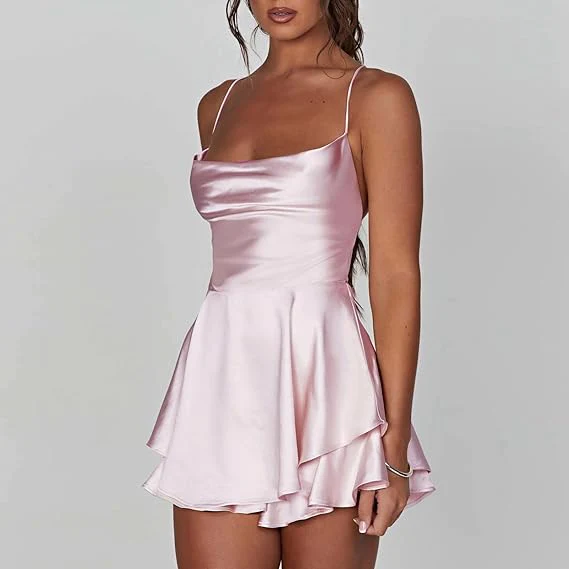 Satin Cowl Neck Lace Up Back Ruffle Skater Mini Dress 7