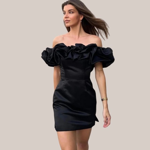 Satin Off Shoulder Ruffle Bodycon Cocktail Mini Dress