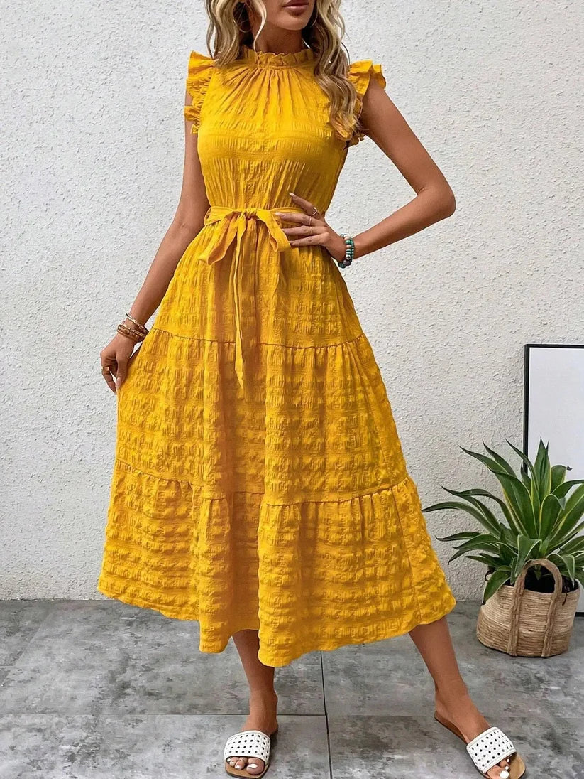 Crinkle Tie Waist Tiered Ruffle Collar Sleeveless Midi Summer Dress - View 4