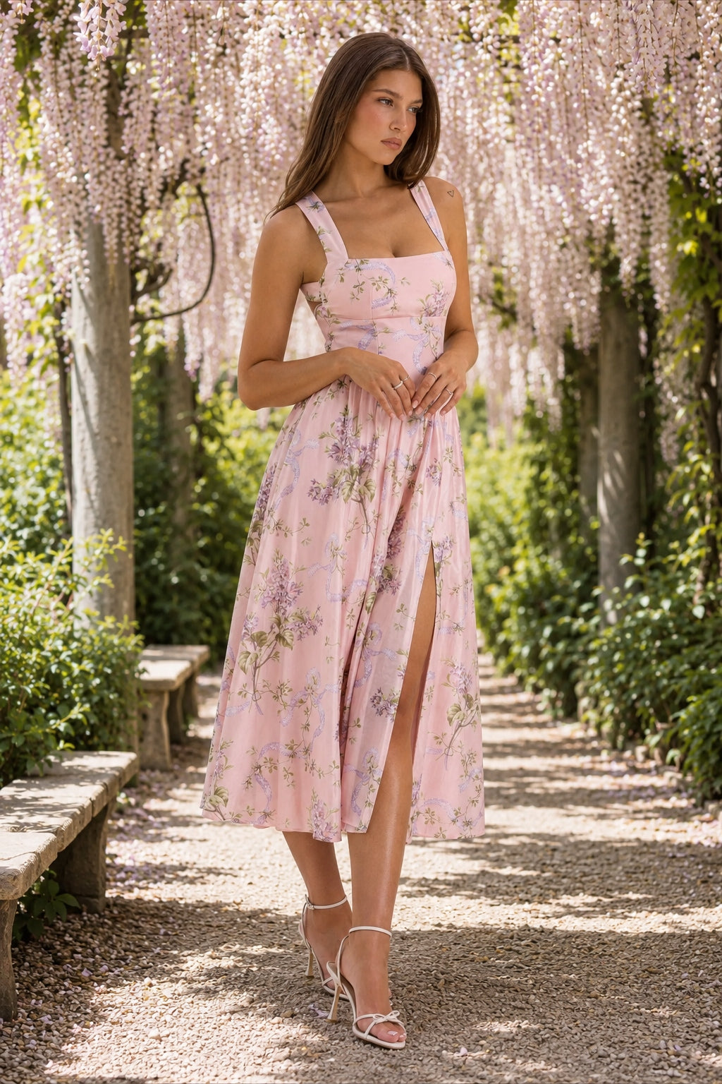 Square Neck Floral Corset Waist High Split Midi Dress 2