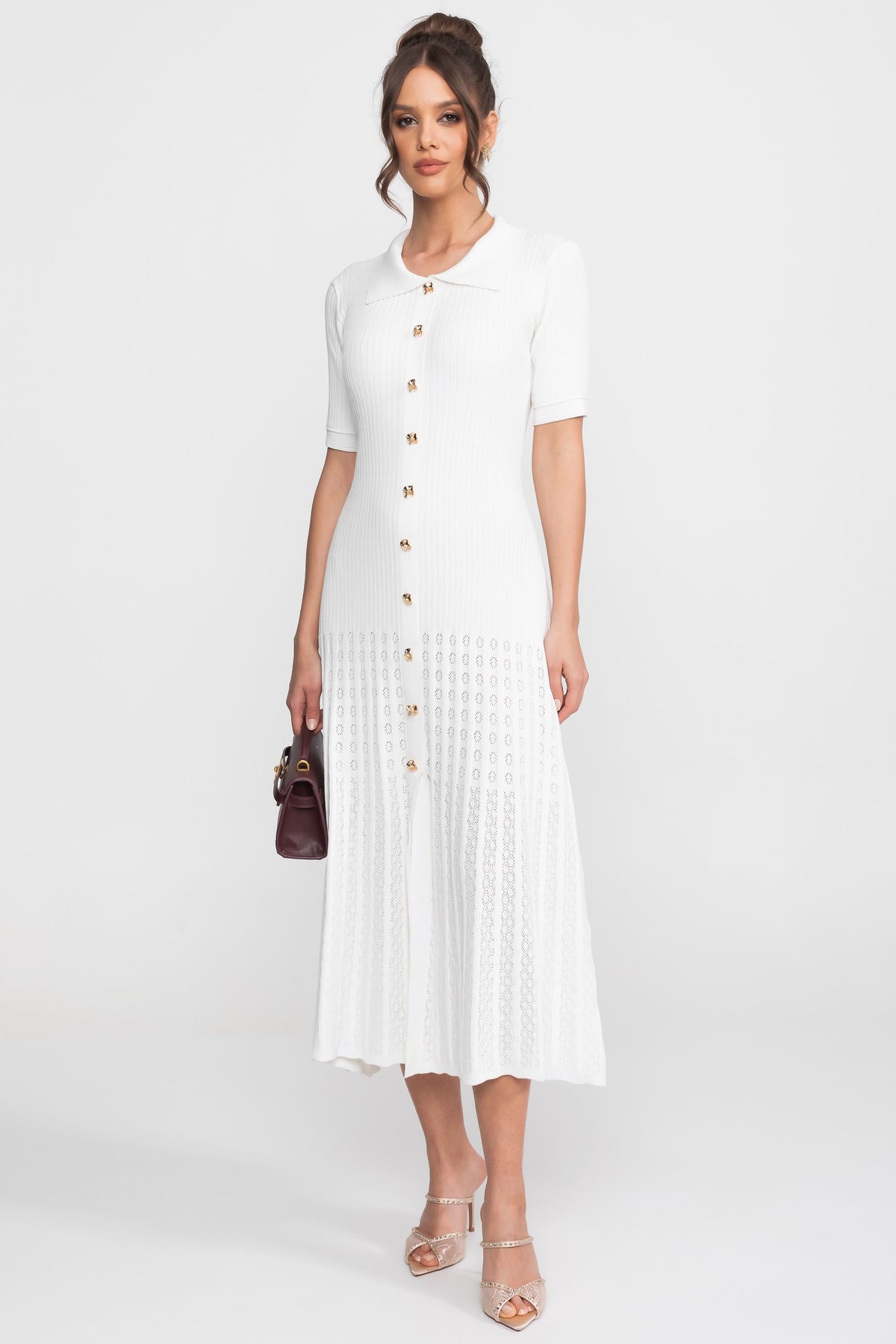 Ribbed Knit Midi Dress With Peter Pan Collar And Pleated Skirt - White - View 4