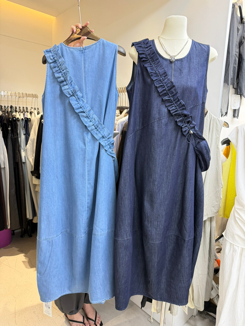 Denim Sleeveless Ruffle Trim A-Line Maxi Dress 11