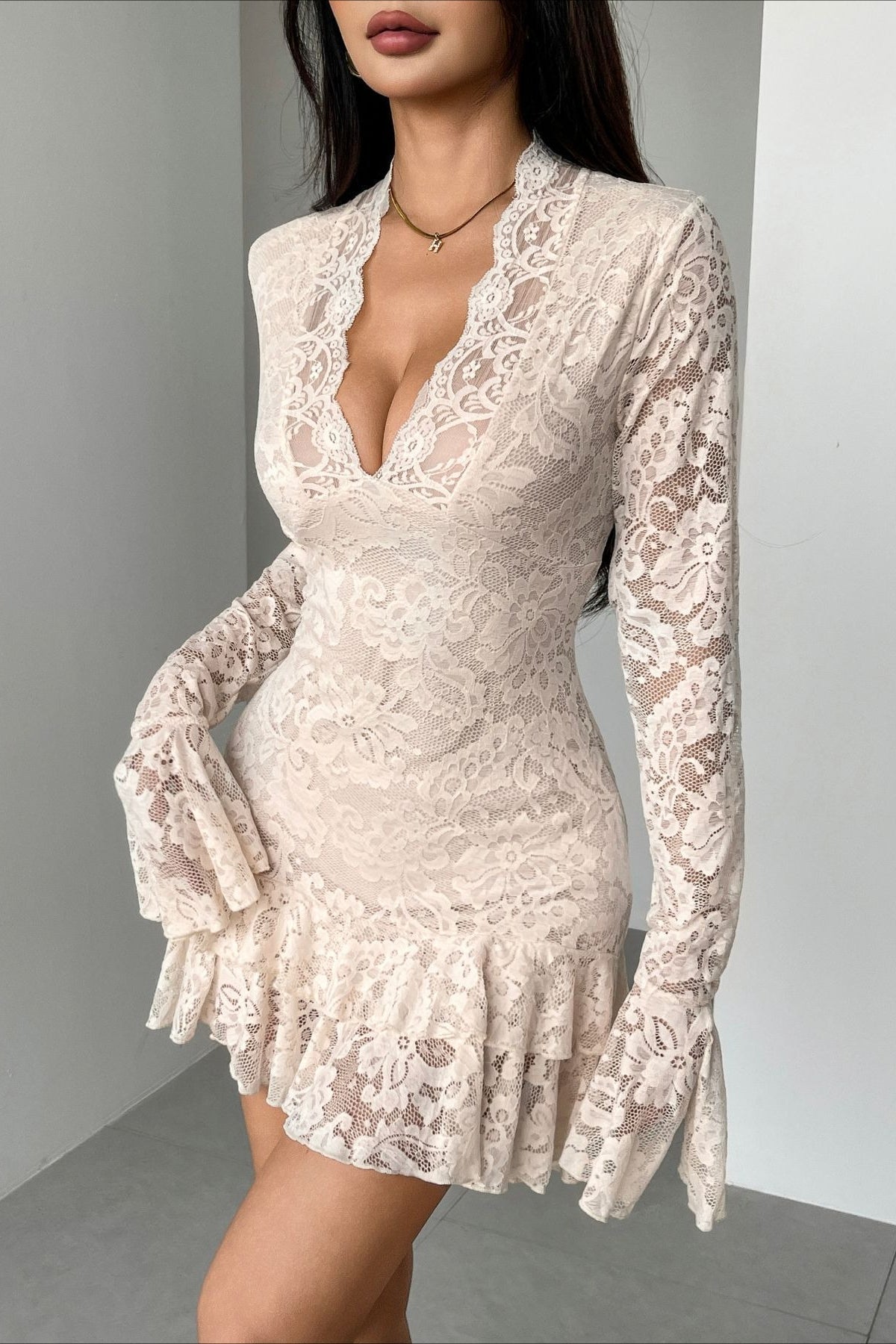 Lace V-Neck Double Ruffle Fitted Mini Dress