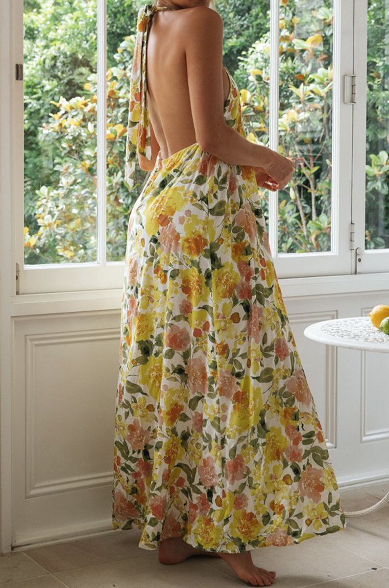 Floral Print Halter Neck Backless Sleeveless Flowy Maxi Dress - View 5